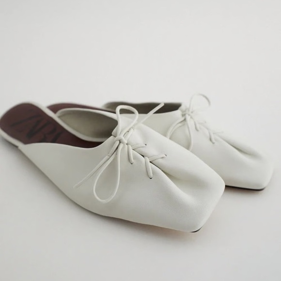 ZARA White Leather Lace-Up Square Toe Mules Slides Size 37 - Picture 1 of 6